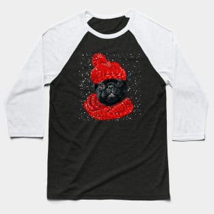 Black Pug Wearing Red Hat And Scarf In Snow Christmas Baseball T-Shirt